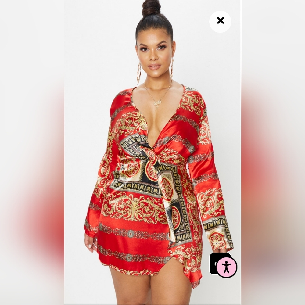 PrettyLittleThing Plus Red Printed Satin Long Sleeve Wrap Dress - Sz: XL